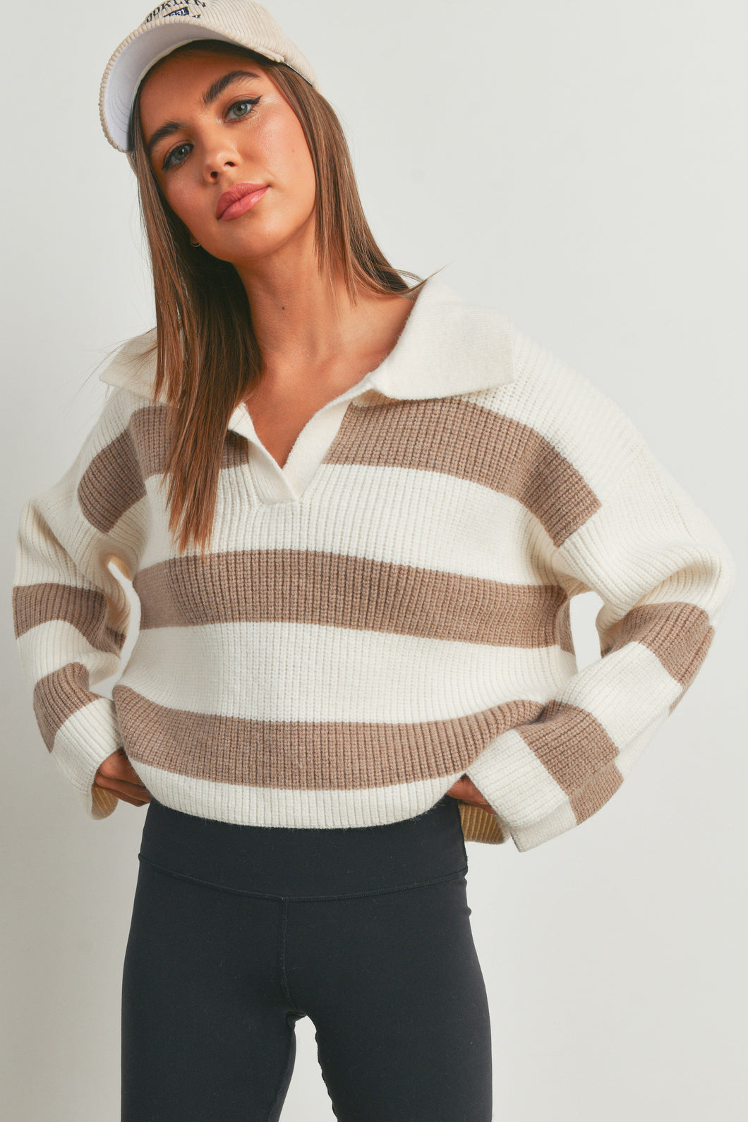 Vermont Striped Collared Sweater (Taupe)