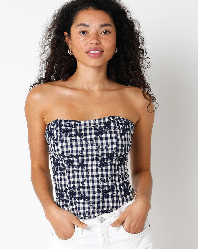 Navy Gingham Strapless Top