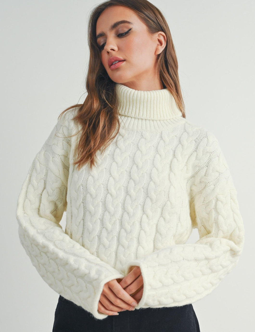 Thick Braided Turtle Neck Sweater (Ivory)