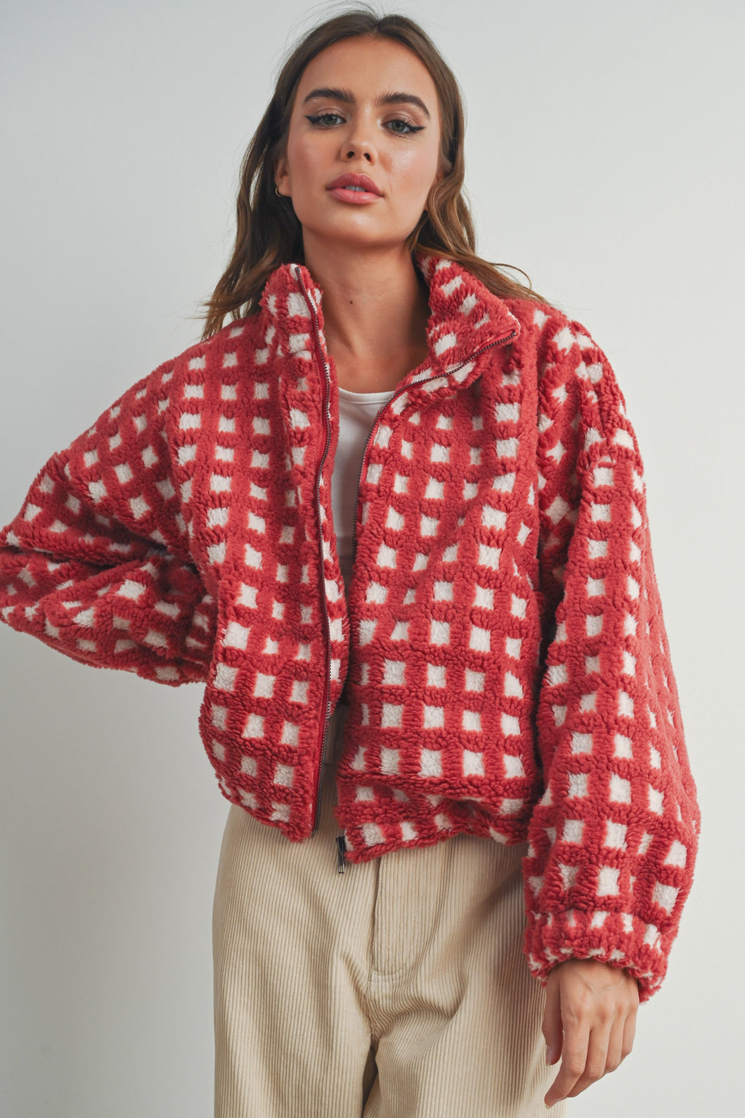Checkered Fuzzy Jacket (Red)