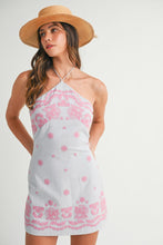 Load image into Gallery viewer, Embroidered Halter Mini Dress (Blue)
