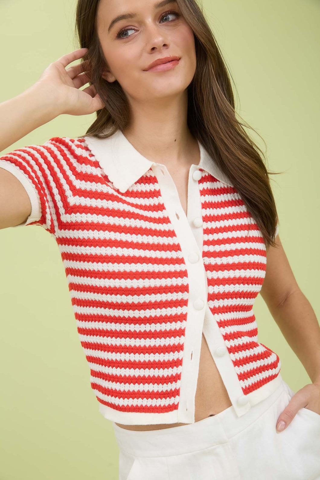 Knit Short Sleeve Button Down (Red)