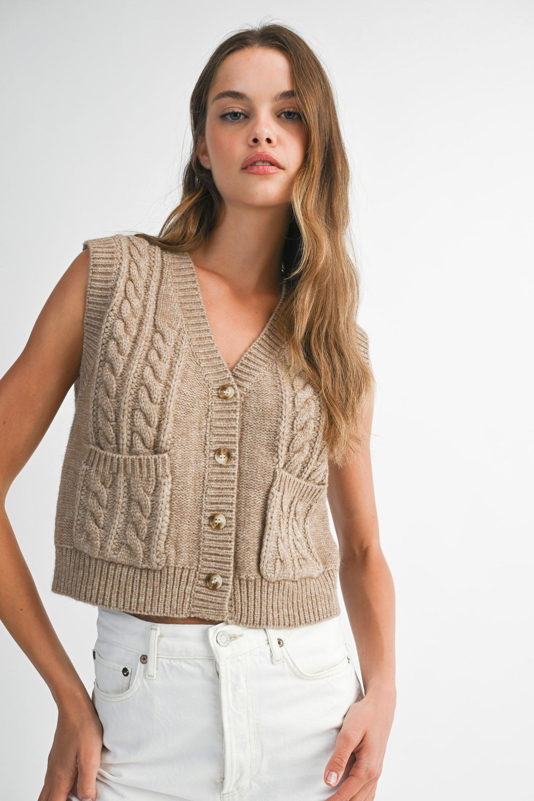 Latte Cable Knit Sweater Vest