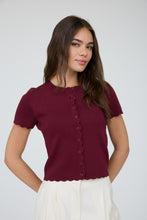Load image into Gallery viewer, Scalloped Knit Short Sleeve Button Down (Wine)

