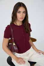 Load image into Gallery viewer, Scalloped Knit Short Sleeve Button Down (Wine)
