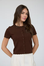Load image into Gallery viewer, Scalloped Knit Short Sleeve Button Down (Chocolate)
