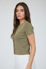 Load image into Gallery viewer, Scalloped Knit Short Sleeve Button Down (Olive)
