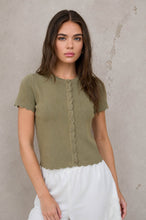 Load image into Gallery viewer, Scalloped Knit Short Sleeve Button Down (Olive)
